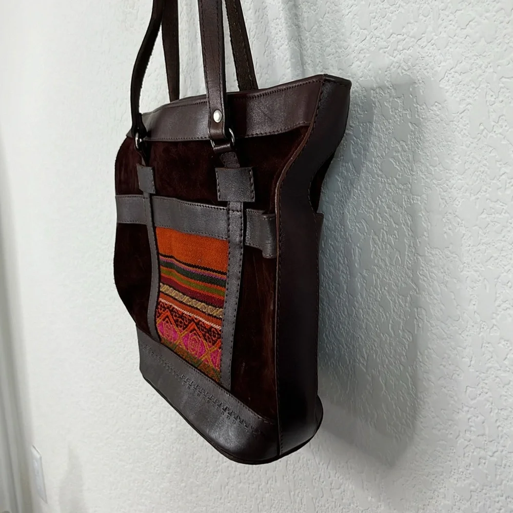 Bolivian Suede Leather Stamped Tapestry Bucket Shoulder Tote Bag